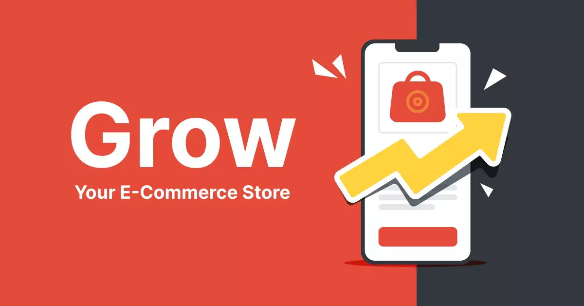 Grow your e-commerce store with a mobile phone and an arrow pointing up